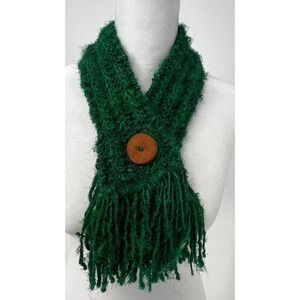 Handmade Chunky Knit Neck Warmer Scarf Green Fringe Button Closure Outlander